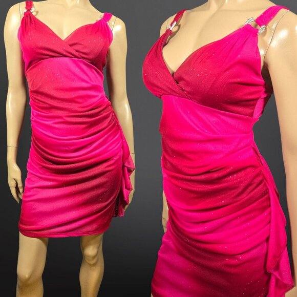 Y2K Pink Mesh Glitter Dress Size 6 Sleeveless Ruffled Ruched Rhinestones Fairy - Picture 1 of 13